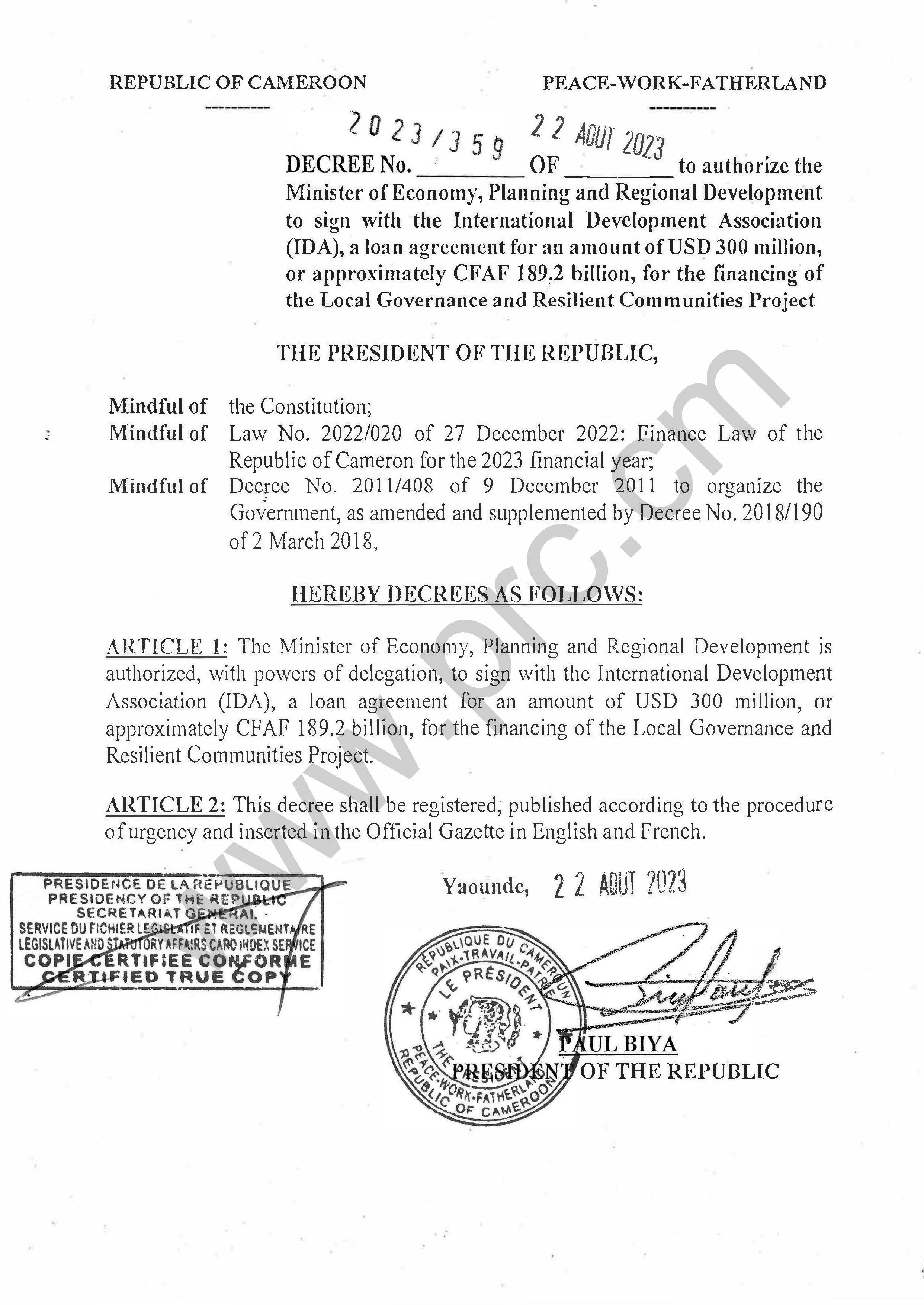 Decree No. 2023/359 of 22 August 2023 to sign a loan agreement for the financing of the Local Governance and Resilient Communities Project