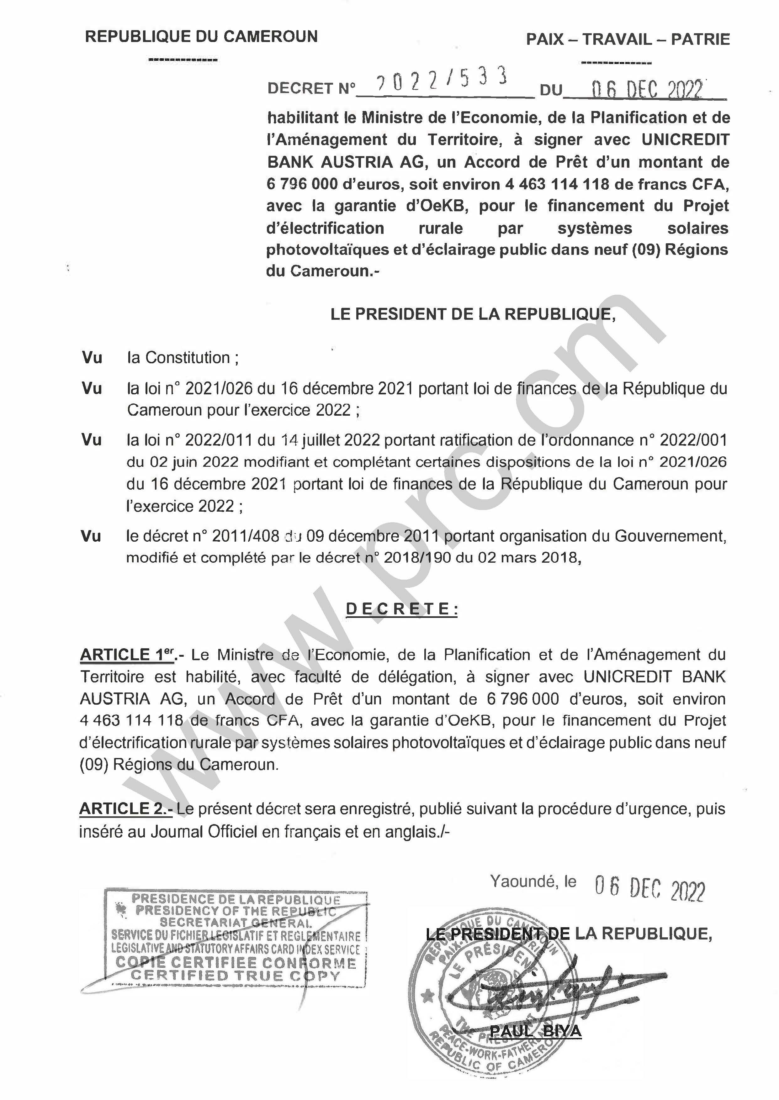 Décret N°2022/533 du 06 décembre 2022 habilitant un Accord de Prêt, pour le financement du Projet d'électrification rurale par systèmes solaires photovoltaïques et d'éclairage public dans 09 Régions du Cameroun