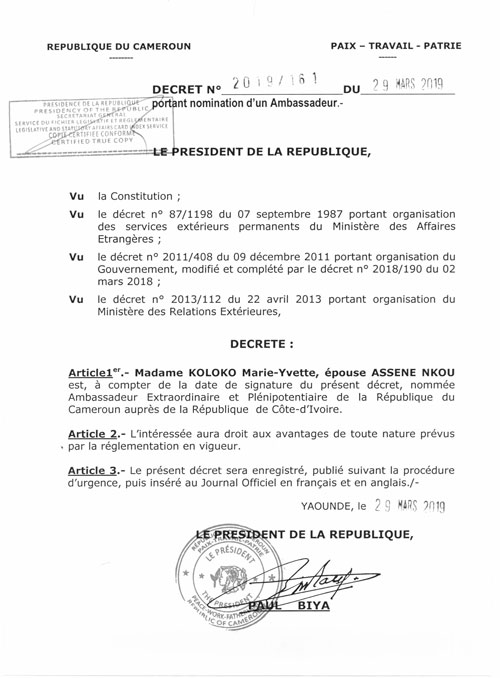 Décret N°2019/161 du 29 mars 2019 portant nomination d’un Ambassadeur