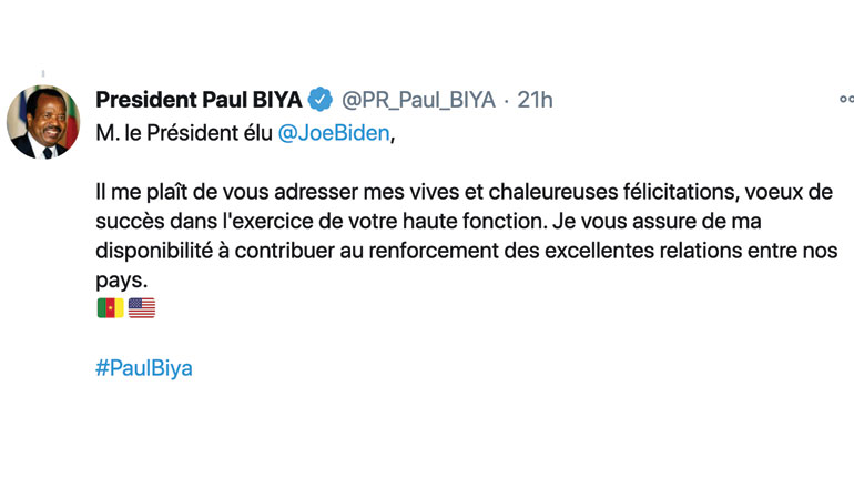 Les félicitations de Paul Biya à Joe Biden