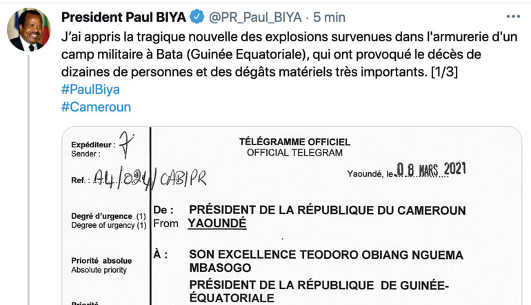 Les condoléances du Chef de l’Etat au Président Obiang Nguema